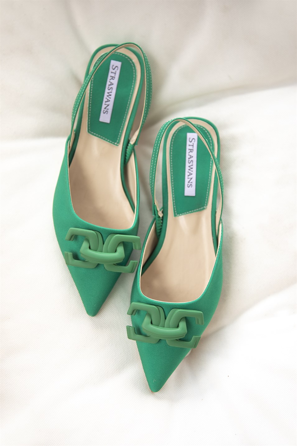 Elora Kadın Topuklu  Toka  Detay Kumaş Sandalet Yeşil