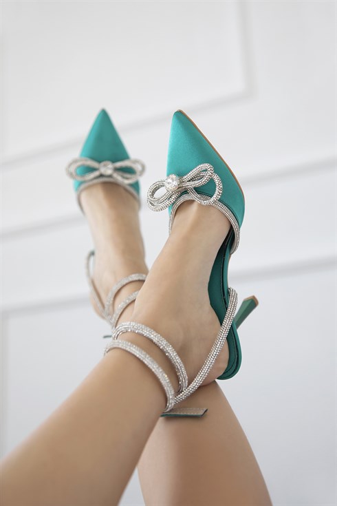 Carry  Kadın Taş Detay Topuklu Saten  Ayakkabı Yeşil