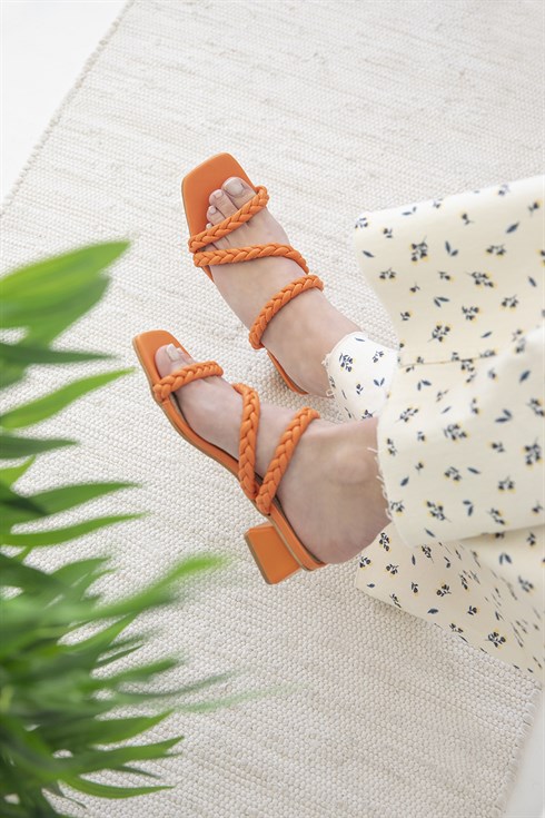 David  Kadın Örgü Detay Topuklu Sandalet Oranj