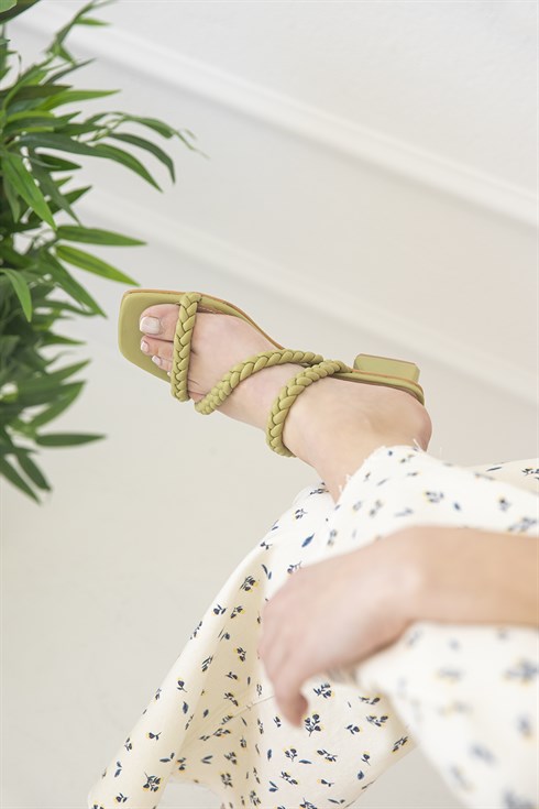 David  Kadın Örgü Detay Topuklu Sandalet Fıstık Yeşil