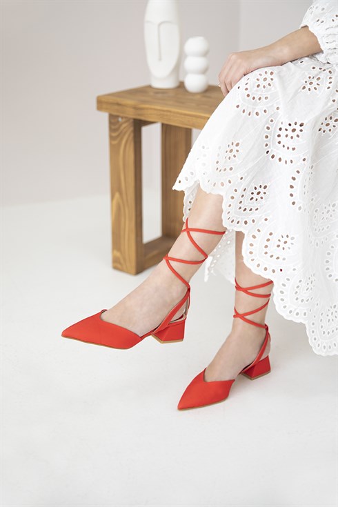 Domino Kadın Topuklu  Kumaş  Ayakkabı Kırmızı