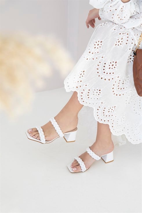 Donna Kadın  Örgü Detay Topuklu Sandalet Beyaz