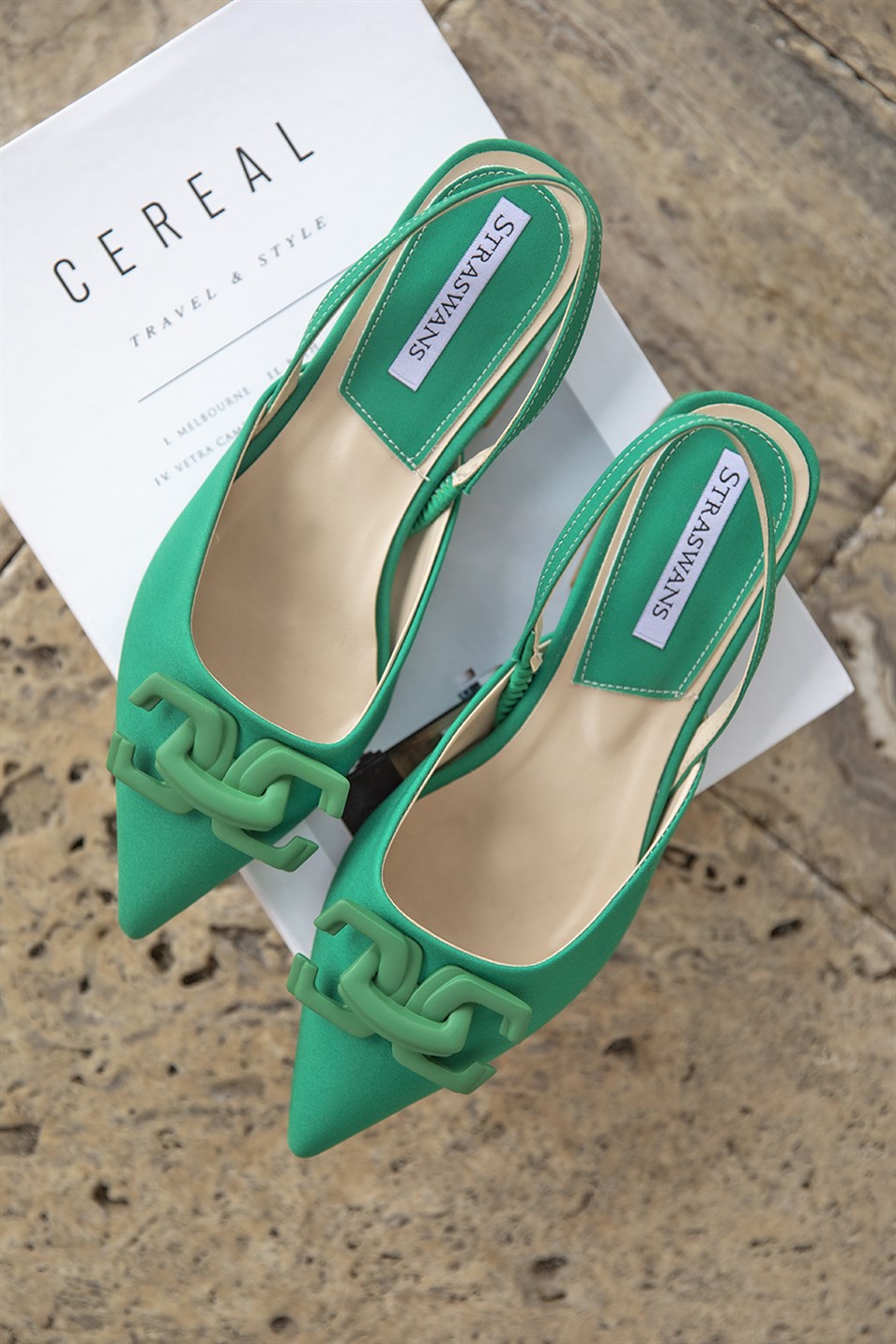 Elora Kadın Topuklu  Toka  Detay Kumaş Sandalet Yeşil