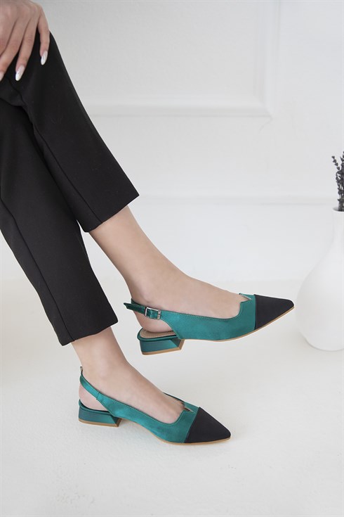 Harison  Kadın  Topuklu Saten  Ayakkabı Yeşil-Siyah