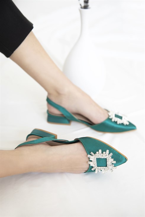 Loden Kadın Topuklu  Taş Detay Saten Sandalet Yeşil