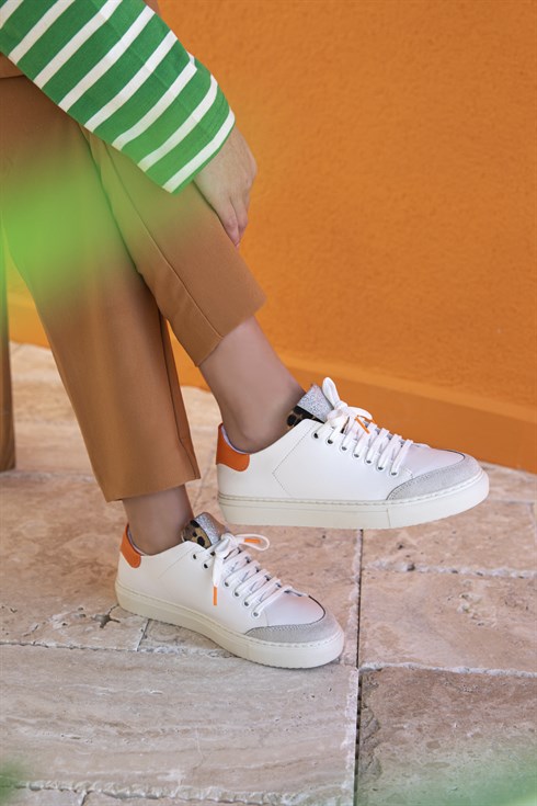 Moxxi Kadın  Deri Spor Ayakkabı Beyaz-Oranj