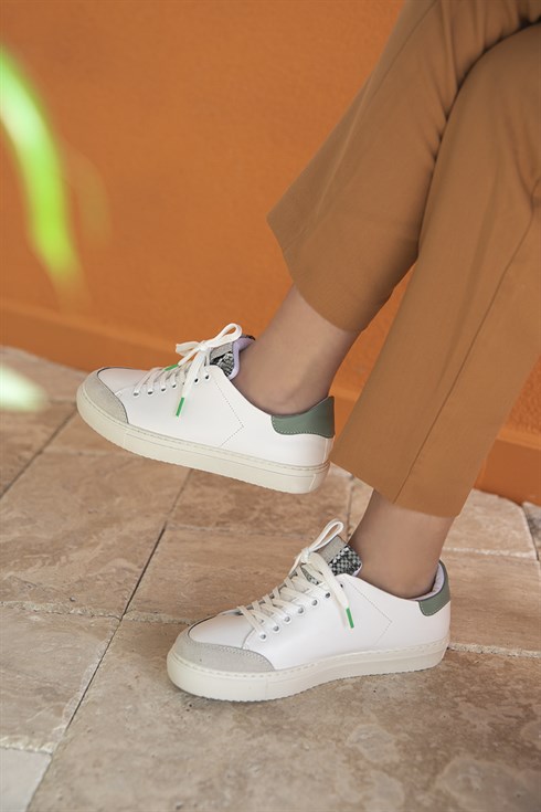 Moxxi Kadın  Deri Spor Ayakkabı Beyaz-Yeşil