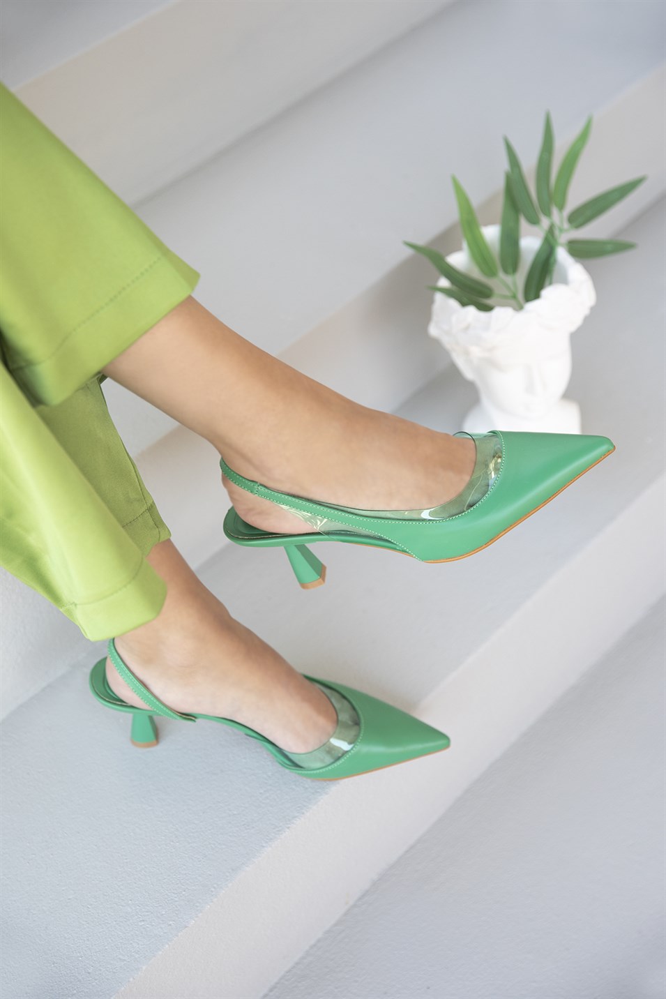 Sarah  Kadın  Deri  Şeffaf DetayTopuklu  Ayakkabı Yeşil
