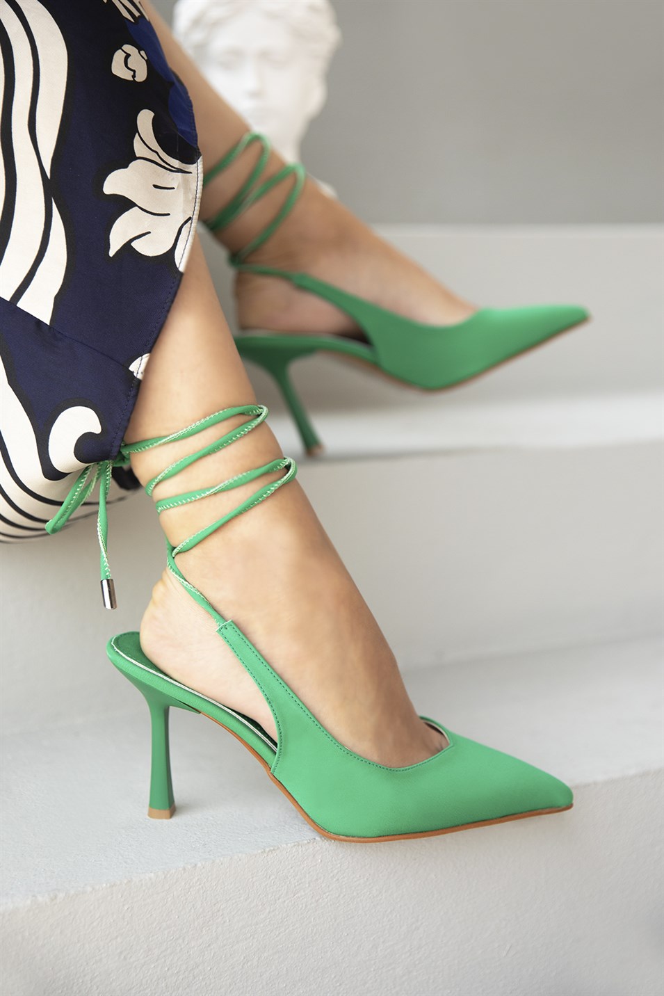 Silvia Kadın Bilekten Bağlamalı  Topuklu Kumaş  Ayakkabı Yeşil