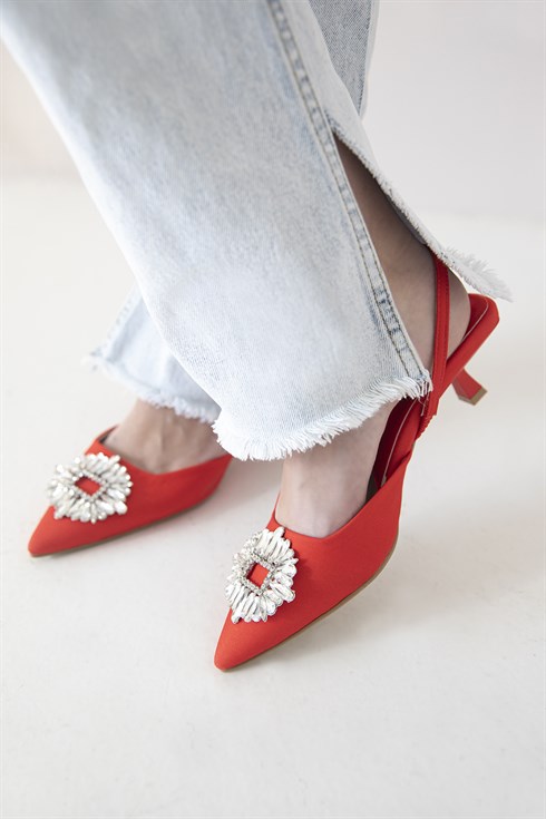 Tokyo  Kadın Topuklu  Taş Detay Kumaş Sandalet Kırmızı