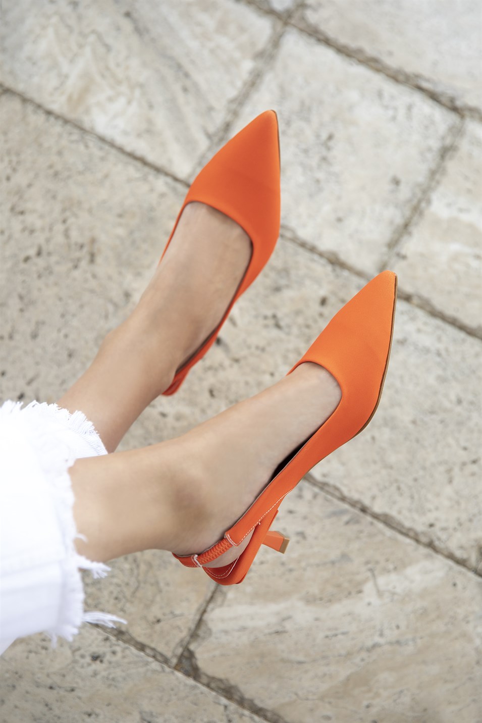 Zayn  Kadın Topuklu  Lastik  Detay Kumaş Sandalet Oranj